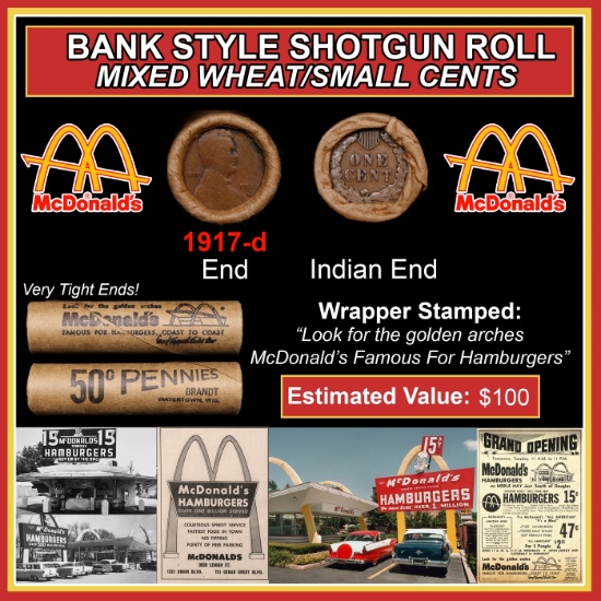 Lincoln Wheat Cent 1c Mixed Roll Orig Brandt McDonalds Wrapper, 1917-d end, Indian other end