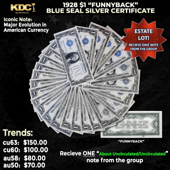 1x 1928 $1 Funnyback Blue Seal Silver Certificate Grades AU/CU