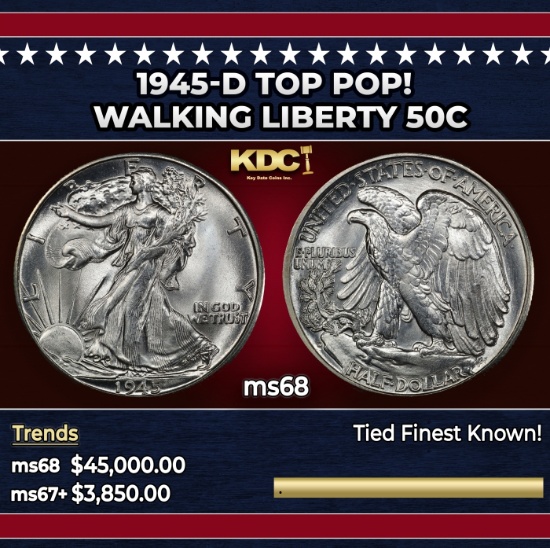 1945-d Walking Liberty Half Dollar TOP POP! 50c ms68 SEGS