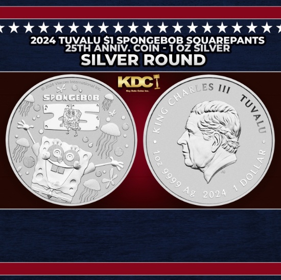 2024 Tuvalu $1 Spongebob Squarepants 25th Anniv. Coin - 1 oz Silver Round Round