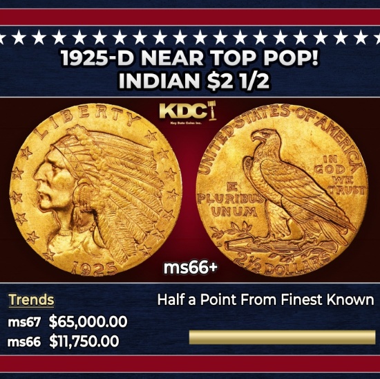 1925-d Gold Indian Quarter Eagle Near Top Pop! $2 1/2 ms66+ USCG