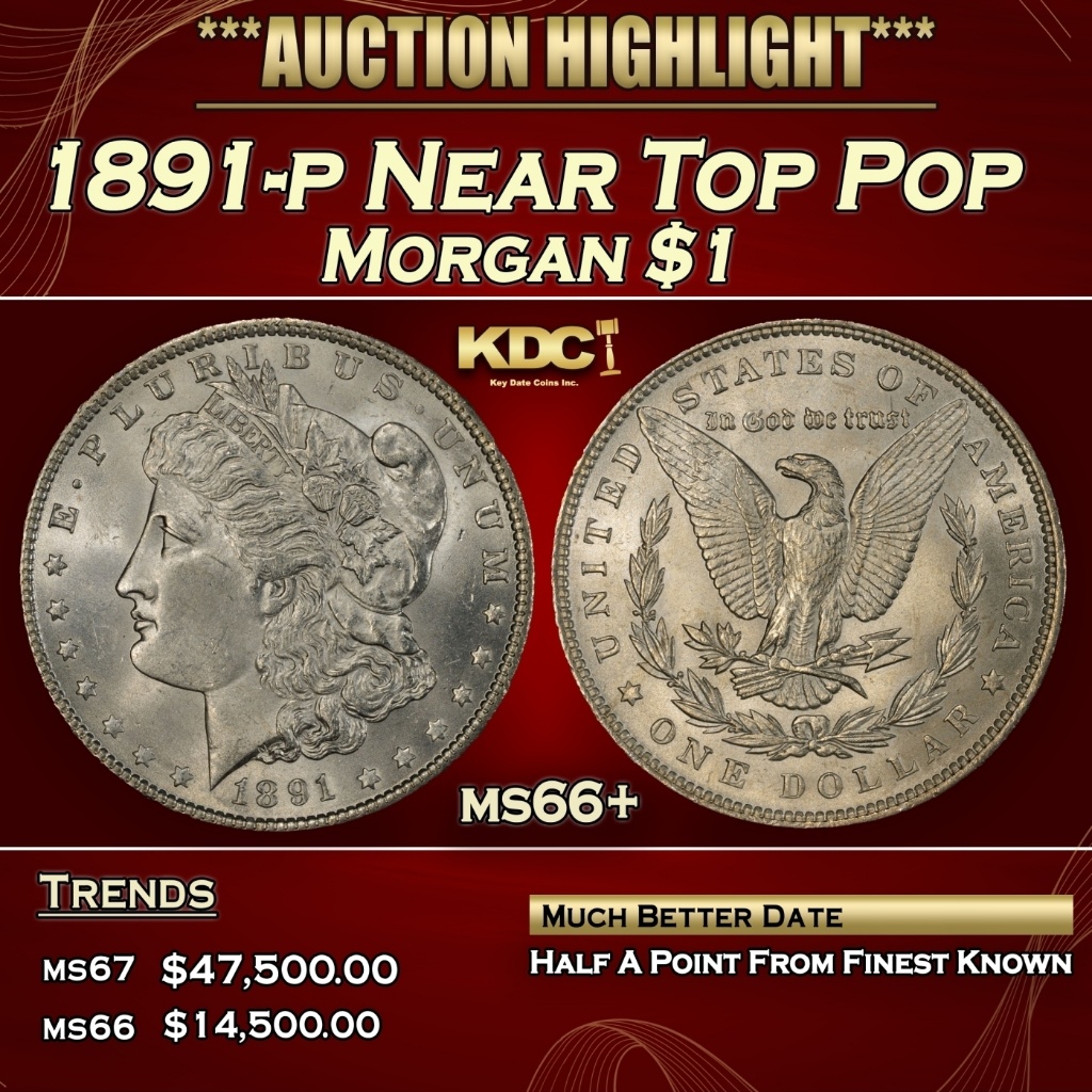 1891-p Morgan Dollar Near Top Pop $1 ms66+ SEGS | Coins