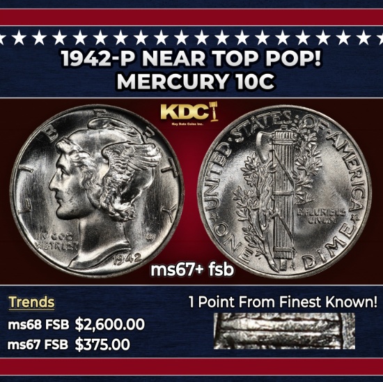 1942-p Mercury Dime Near Top Pop! 10c ms67+ fsb SEGS