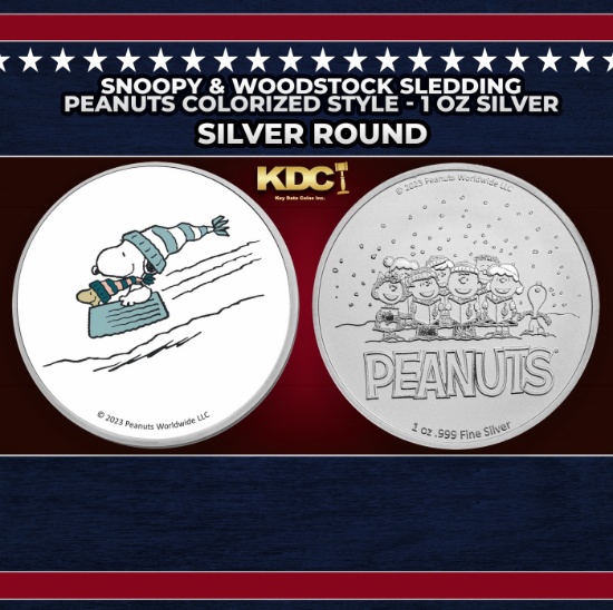Snoopy & Woodstock Sledding Peanuts Colorized Style - 1 oz Silver Round Round