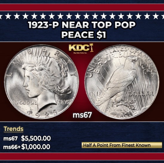 1923-p Peace Dollar Near Top Pop $1 ms67 SEGS