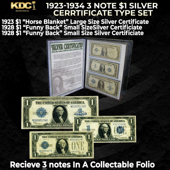 1923-1934 3 Note $1 Silver Cerrtificate Type Set 1923 "Horse Blanket", 1928 "Funny Back", 1934 "Funn