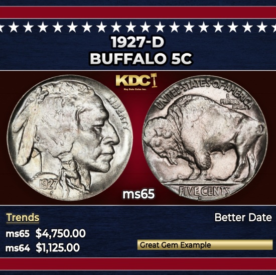 1927-d Buffalo Nickel 5c ms65 SEGS