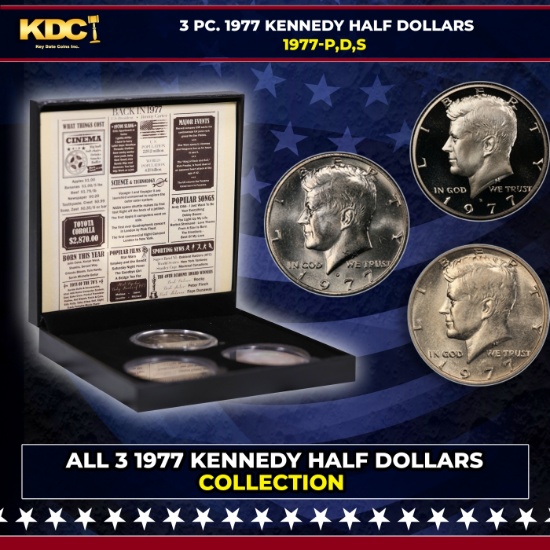 Complete 3 PC. 1977 Kennedy Half Dollar 50c set In Custom Box W/ Special Backer Card BU & Proof COOL