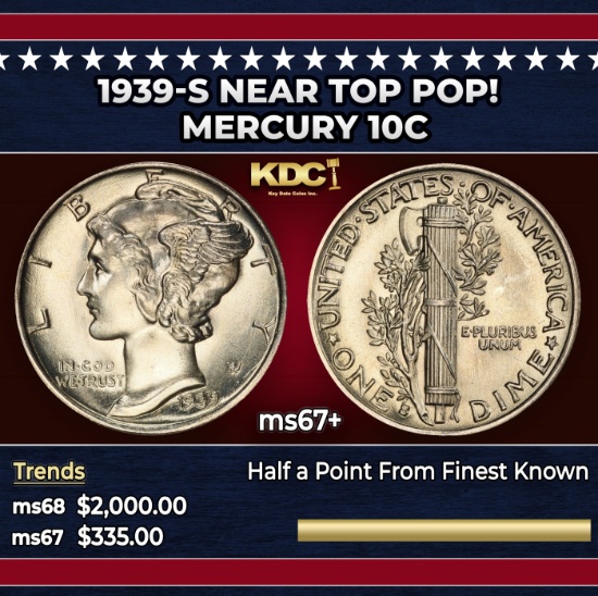 1939-s Mercury Dime Near Top Pop! 10c ms67+ SEGS