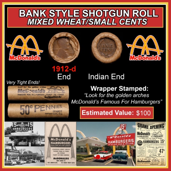 Lincoln Wheat Cent 1c Mixed Roll Orig Brandt McDonalds Wrapper, 1912-d end, Indian other end