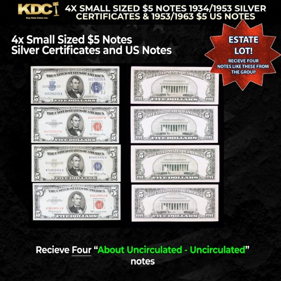 4x Small Sized $5 Notes 1934/1953 Silver Certificates & 1953/1963 $5 US Notes Grades AU/CU