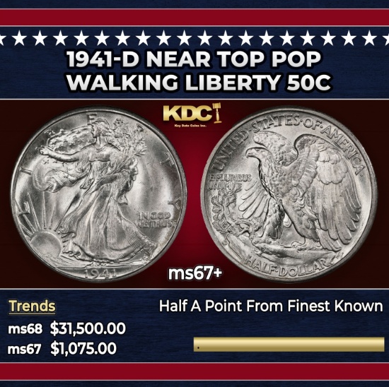 1941-d Walking Liberty Half Dollar Near Top Pop 50c ms67+ SEGS