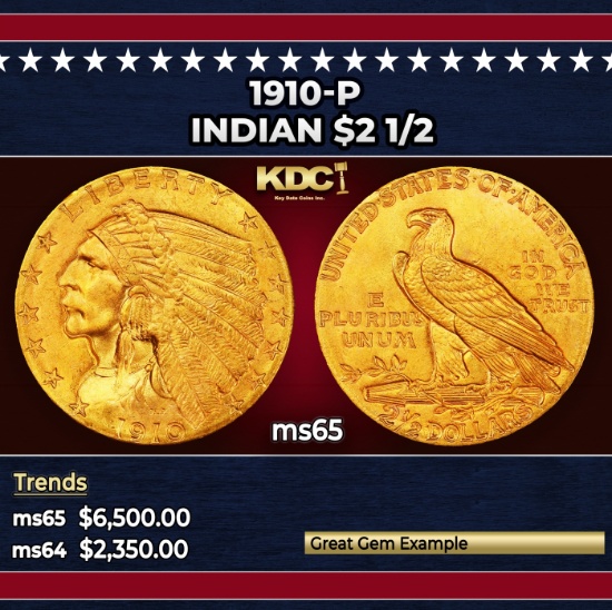 1910-p Gold Indian Quarter Eagle $2 1/2 ms65 SEGS