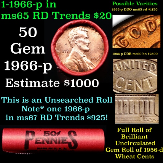 BU Shotgun Lincoln 1c roll, 1966-p 50 pcs Bank Wrapper 50c