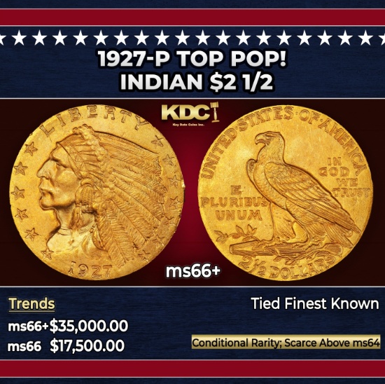 1927-p Gold Indian Quarter Eagle TOP POP! $2 1/2 ms66+ USCG