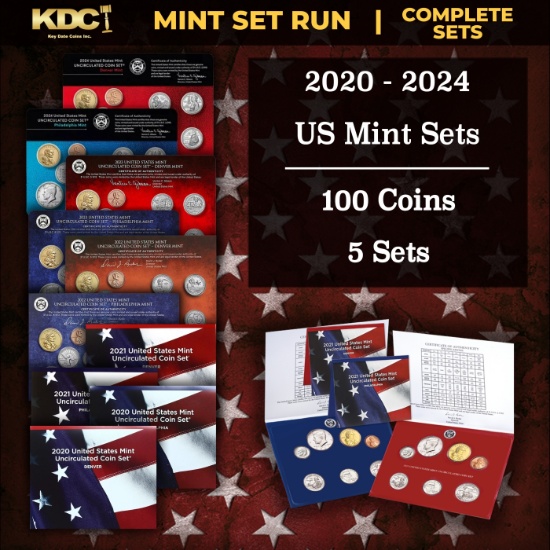 2020-2024 United States Mint Sets 5 Sets, 100 Coins