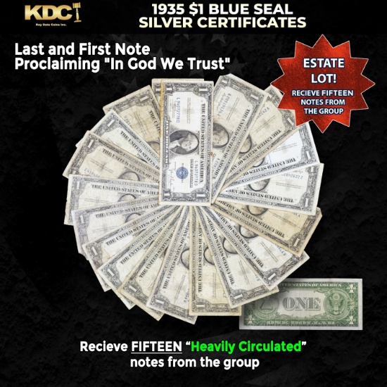 15x 1935 $1 Blue Seal Silver Certificates Heavily Circulated