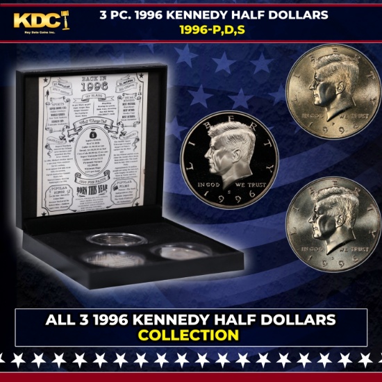 Complete 3 PC. 1996 Kennedy Half Dollar 50c set In Custom Box W/ Special Backer Card BU & Proof COOL