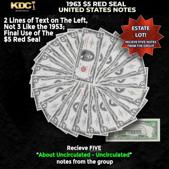 5x 1963 $5 Red Seal United States Note Grades AU/CU