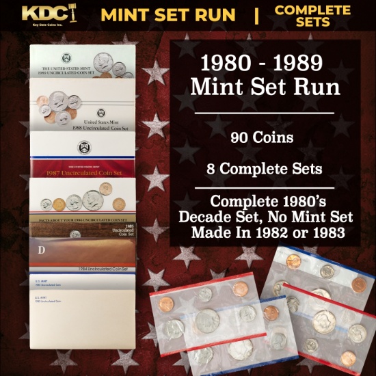 1980-1989 Full Decade Mint Set Run - 96 Coins, 8 Complete Sets