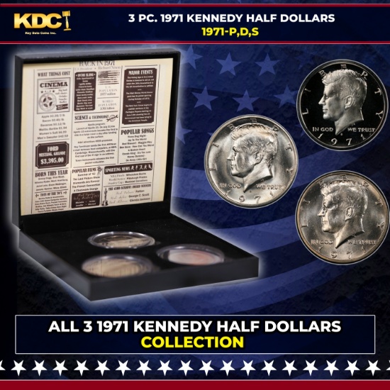 Complete 3 PC. 1971 Kennedy Half Dollar 50c set In Custom Box W/ Special Backer Card BU & Proof C...