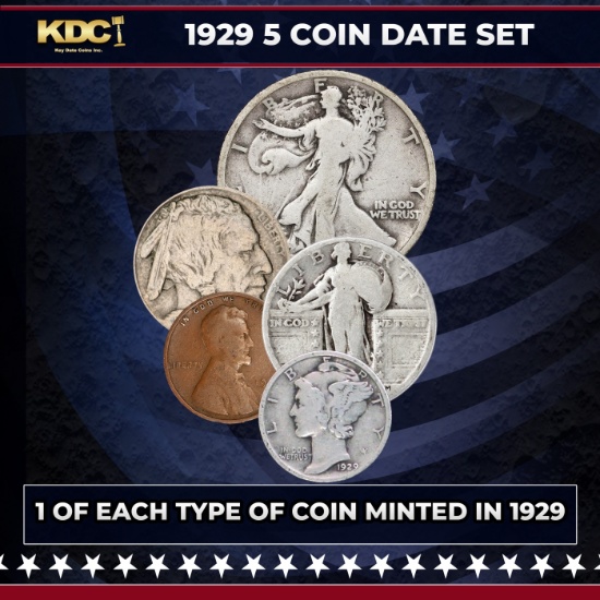 1929 5 Coin Date Set, 1 Of Each Type Of Coin Minted in 1929