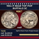 1934-p Buffalo Nickel Near Top Pop 5c ms67 SEGS