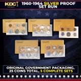 1960-1964 Silver Proof Set Run in Original Government Packaging, 25 Coins Total, 5 Complete Sets