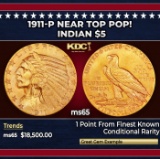 1911-p Gold Indian Half Eagle Near Top Pop! $5 ms65 USCG