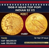 1908-p Gold Indian Quarter Eagle Near Top Pop! $2 1/2 ms66+ USCG