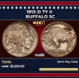 1913-d Ty II Buffalo Nickel 5c ms66 SEGS