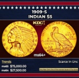 1909-s Gold Indian Half Eagle $5 ms64+ USCG
