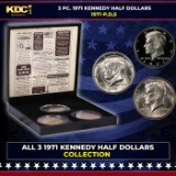 Complete 3 PC. 1971 Kennedy Half Dollar 50c set In Custom Box W/ Special Backer Card BU & Proof C...