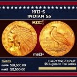 1913-s Gold Indian Half Eagle $5 ms63+ USCG