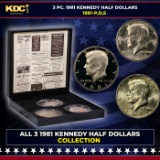 Complete 3 PC. 1981 Kennedy Half Dollar 50c set In Custom Box W/ Special Backer Card BU & Proof C...