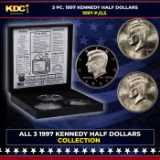 Complete 3 PC. 1997 Kennedy Half Dollar 50c set In Custom Box W/ Special Backer Card BU & Proof C...