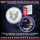 Baltimore Ravens Official NFL Team Colorized 1oz Silver Eagle $1 w/ COA Other Toy
