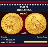 1911-s Gold Indian Half Eagle $5 ms63+ USCG