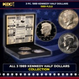 Complete 3 PC. 1989 Kennedy Half Dollar 50c set In Custom Box W/ Special Backer Card BU & Proof C...