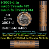 BU Shotgun Jefferson 5c roll, 2003-d 40 pcs Bank $2 Nickel Wrapper