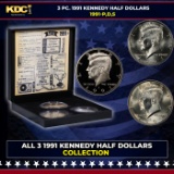 Complete 3 PC. 1991 Kennedy Half Dollar 50c set In Custom Box W/ Special Backer Card BU & Proof C...