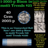BU Shotgun Jefferson 5c roll, 2005-p Bison 40 pcs Bank $2 Nickel Wrapper