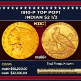 1910-p Gold Indian Quarter Eagle TOP POP! $2 1/2 ms66+ USCG