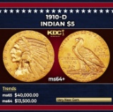 1910-d Gold Indian Half Eagle $5 ms64+ USCG