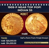 1909-p Gold Indian Half Eagle Near Top Pop! $5 ms66 USCG