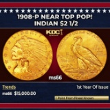 1908-p Gold Indian Quarter Eagle Near Top Pop! $2 1/2 ms66 USCG