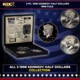 Complete 3 PC. 1998 Kennedy Half Dollar 50c set In Custom Box W/ Special Backer Card BU & Proof C...