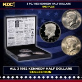 Complete 3 PC. 1982 Kennedy Half Dollar 50c set In Custom Box W/ Special Backer Card BU & Proof C...