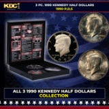Complete 3 PC. 1990 Kennedy Half Dollar 50c set In Custom Box W/ Special Backer Card BU & Proof C...