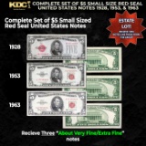 Complete Set of $5 Small Size Red Seal United States Notes 1928, 1953 & 1963 Grades VF/XF